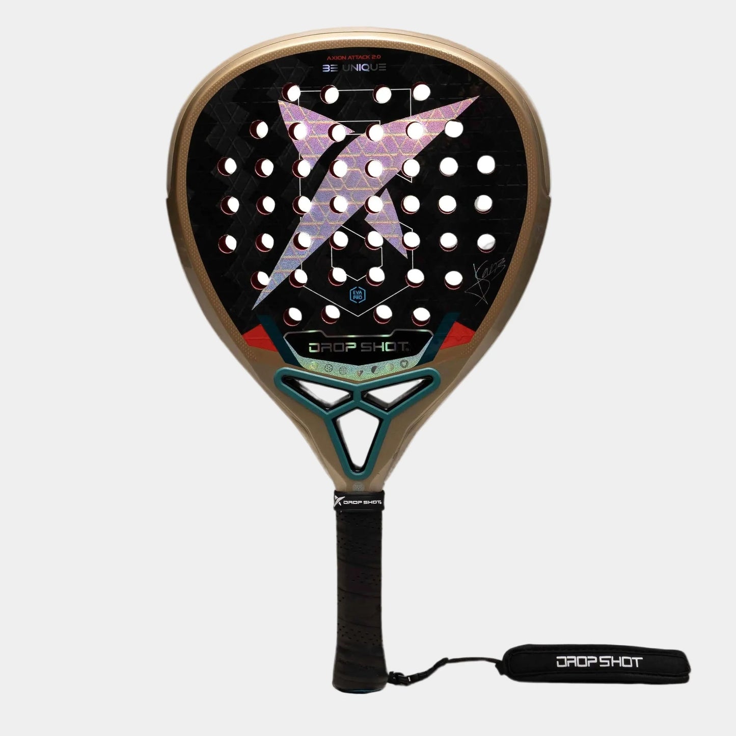 Pala de pádel Drop Shot Axion Attack 2.0 de carbono 24K con formato lágrima.