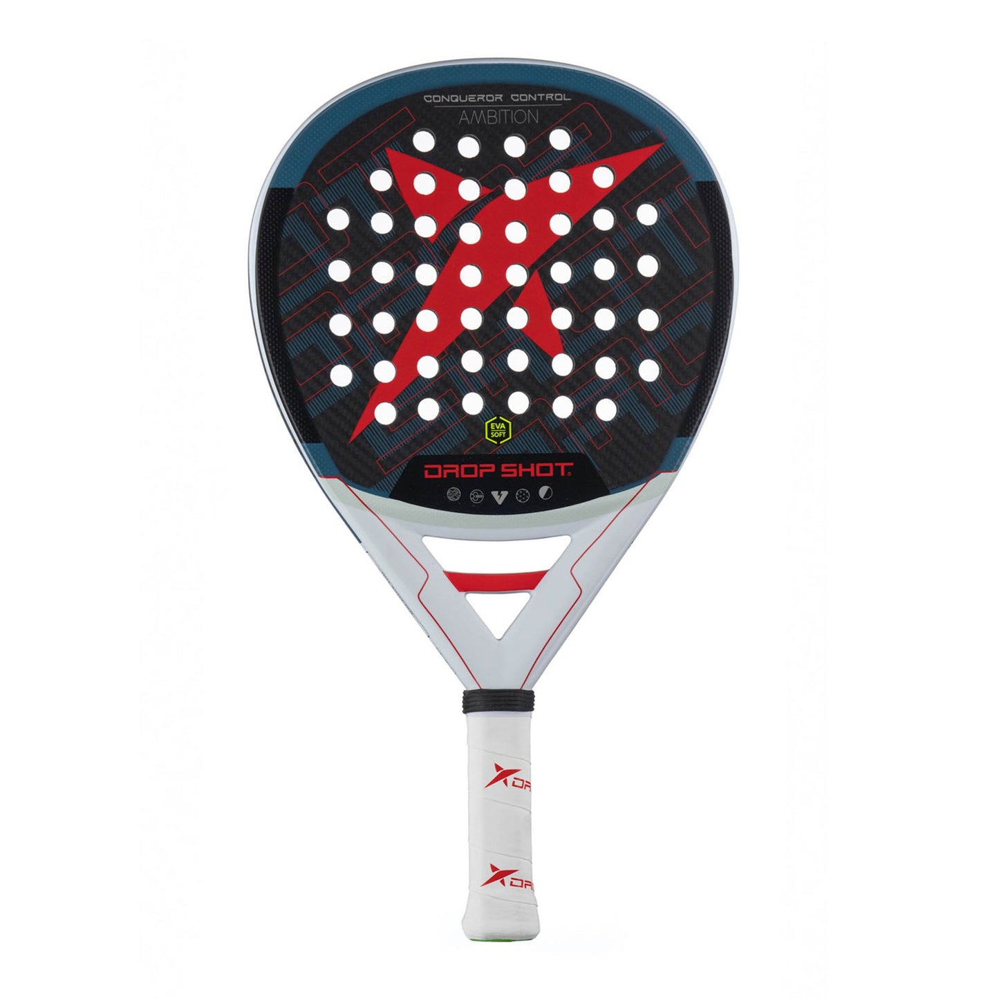 Pala de pádel Drop Shot Conqueror Control 2024 Juan Martín Díaz con forma lágrima, Carbono 3K y acabado 3D.