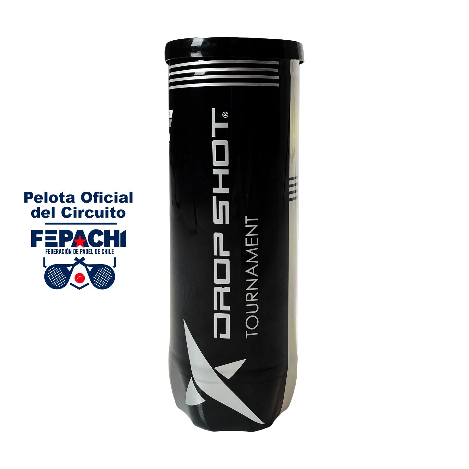 Tarro de Pelotas Drop Shot Padel Tournament Tech X3 Fepachi con tres pelotas de pádel de alta visibilidad y larga duración.