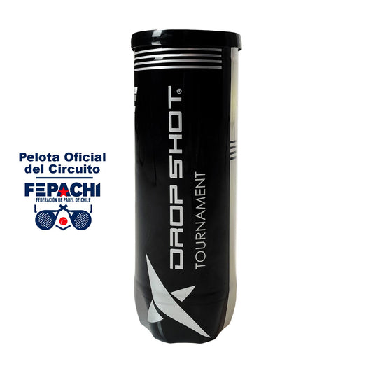 Tarro de Pelotas Drop Shot Padel Tournament Tech X3 Fepachi con tres pelotas de pádel de alta visibilidad y larga duración.